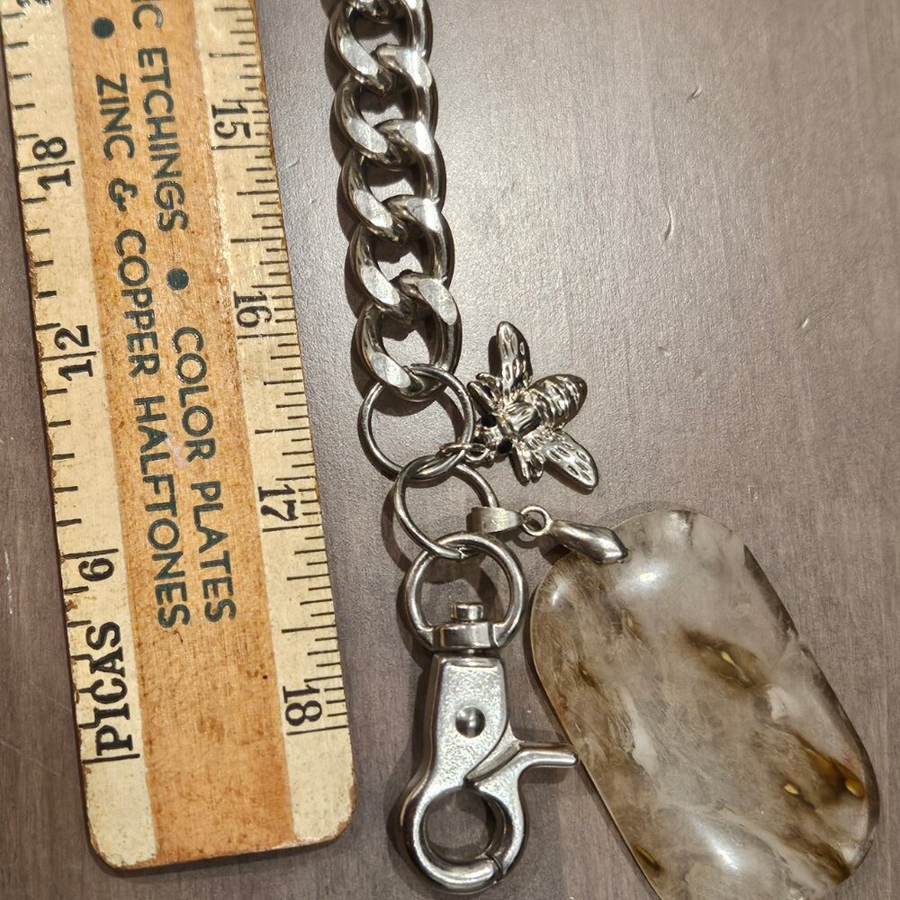 Heavy Silvertone Chain Necklace with Dendritic Quartz Pendant and Bee Charm - Picture 8 of 9